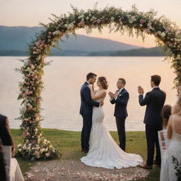 An elegant outdoor wedding scene during sunset, with happy couple under a floral arch, guests applauding, and a stunning view of a serene lake in the background.