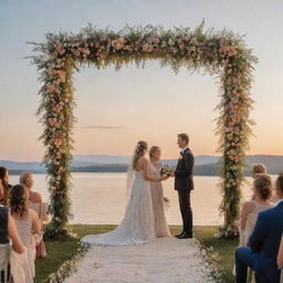 An elegant outdoor wedding scene during sunset, with happy couple under a floral arch, guests applauding, and a stunning view of a serene lake in the background.