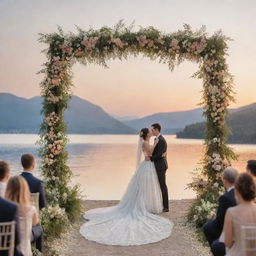 An elegant outdoor wedding scene during sunset, with happy couple under a floral arch, guests applauding, and a stunning view of a serene lake in the background.