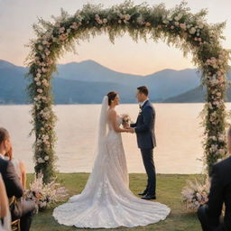 An elegant outdoor wedding scene during sunset, with happy couple under a floral arch, guests applauding, and a stunning view of a serene lake in the background.