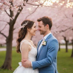 Charming couple in love, smiling at each other, dressed in wedding attire at a beautiful park with blooming cherry blossom trees, twinkling fairy lights, at sunset creating a romantic atmosphere.