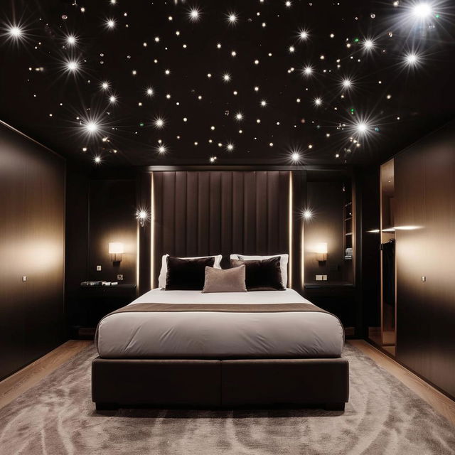 Medium-sized, square-shaped bedroom oozing ultra-luxury with elegant black decor and twinkling ceiling lights.