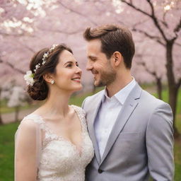 Charming couple in love, smiling at each other, dressed in wedding attire at a beautiful park with blooming cherry blossom trees, twinkling fairy lights, at sunset creating a romantic atmosphere.