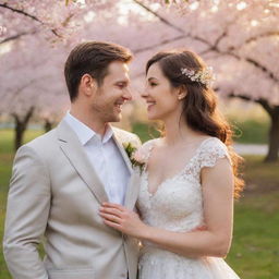 Charming couple in love, smiling at each other, dressed in wedding attire at a beautiful park with blooming cherry blossom trees, twinkling fairy lights, at sunset creating a romantic atmosphere.