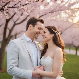 Charming couple in love, smiling at each other, dressed in wedding attire at a beautiful park with blooming cherry blossom trees, twinkling fairy lights, at sunset creating a romantic atmosphere.