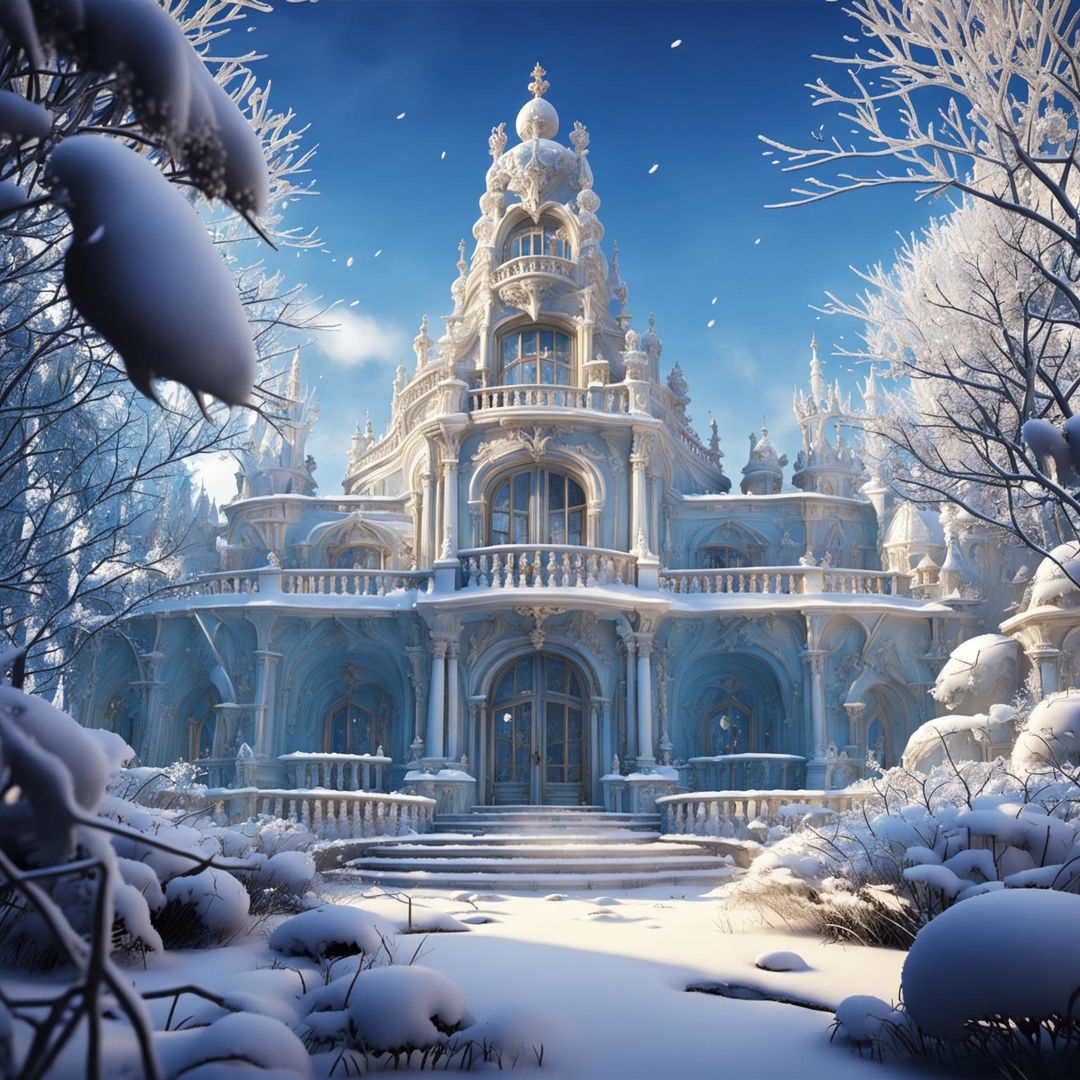 A hyper-realistic 3D Rococo-style snow elf palace in a snowy forest with vibrant frozen flowers, captured in high definition from a close-up perspective.