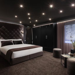 Medium-sized, square-shaped bedroom oozing ultra-luxury with elegant black decor and twinkling ceiling lights.