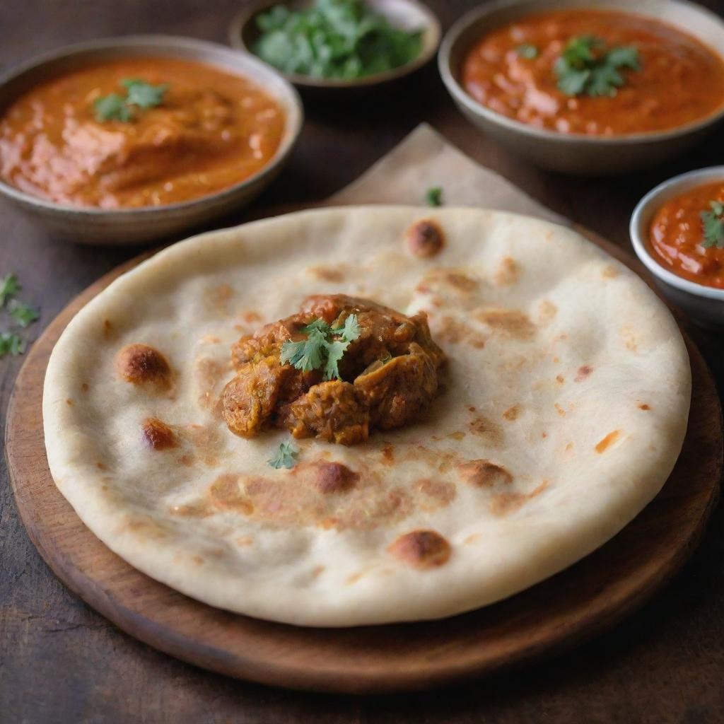 Close-up of spicy roti, an Indian flatbread, served on a rustic wooden table with an assortment of savory and tangy dips on the side.