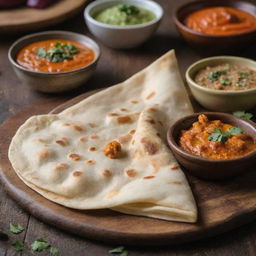 Close-up of spicy roti, an Indian flatbread, served on a rustic wooden table with an assortment of savory and tangy dips on the side.