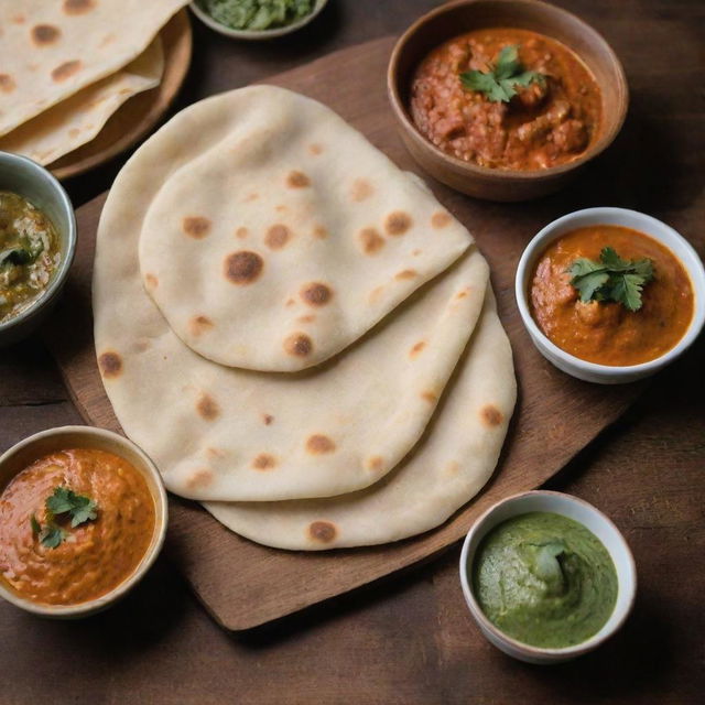 Close-up of spicy roti, an Indian flatbread, served on a rustic wooden table with an assortment of savory and tangy dips on the side.