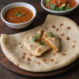 Close-up of spicy roti, an Indian flatbread, served on a rustic wooden table with an assortment of savory and tangy dips on the side.