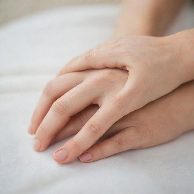 Close-up of two hands intertwined, showing affection, against a soft-focus background. One hand is lightly adorned with a simple, elegant wedding ring.