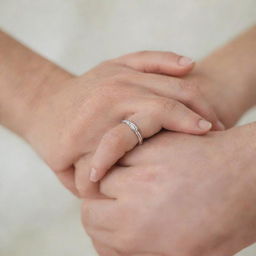 Close-up of two hands intertwined, showing affection, against a soft-focus background. One hand is lightly adorned with a simple, elegant wedding ring.