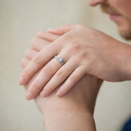 Close-up of two hands intertwined, showing affection, against a soft-focus background. One hand is lightly adorned with a simple, elegant wedding ring.