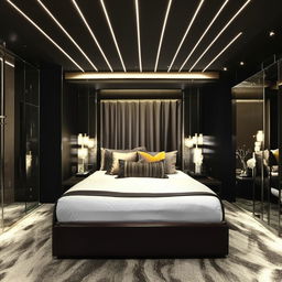 Medium-sized, square-shaped bedroom oozing ultra-luxury with elegant black decor and twinkling ceiling lights.