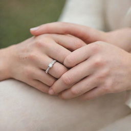 Close-up of two hands intertwined, showing affection, against a soft-focus background. One hand is lightly adorned with a simple, elegant wedding ring.