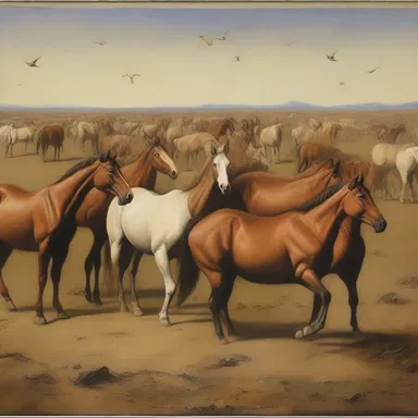 The artist created a surreal painting depicting a scene of blind staggers affecting a group of horses and cattle.