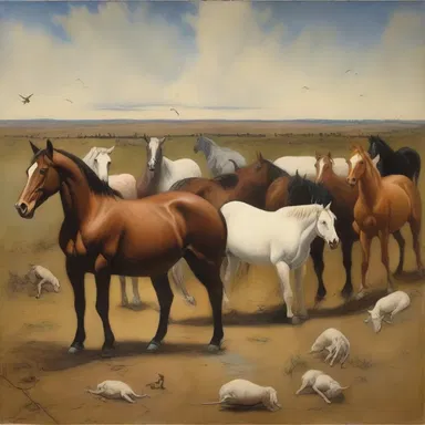 The artist created a surreal painting depicting a scene of blind staggers affecting a group of horses and cattle.