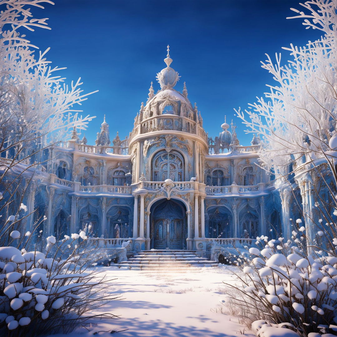 Hyper-realistic 3D Rococo-style snow elf palace in a snowy forest with vibrant frozen flowers, captured in high definition from a close-up perspective.