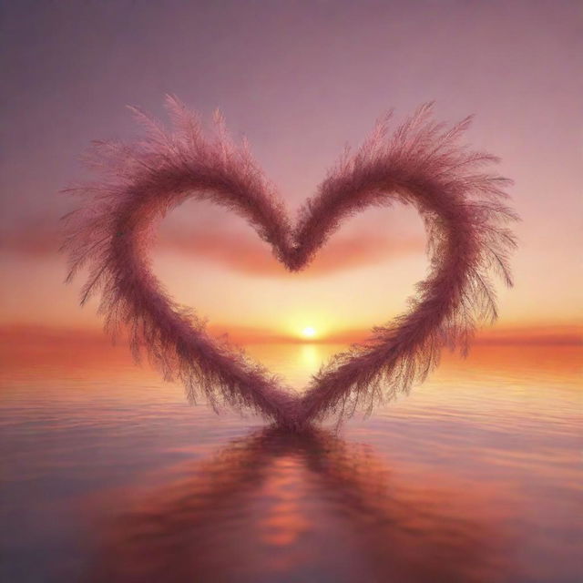 Symbolic representation of love, two 3D hearts intertwined against a soft sunset background, floating feathers around, emitting a warm glow symbolizing affection and care.