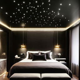 Medium-sized, square-shaped bedroom oozing ultra-luxury with elegant black decor and twinkling ceiling lights.