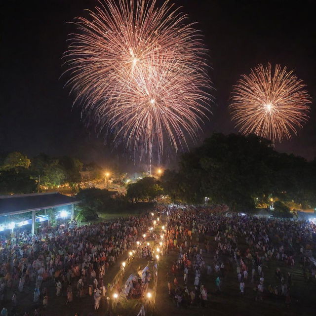 A festive celebration for the 346th anniversary of Brebes Regency, Indonesia, complete with traditional decorations, fireworks, and community gatherings.