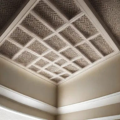 The intricate lattice pattern on the ceiling beautifully reticulates the light throughout the room.