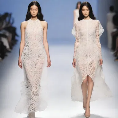 The designer's latest collection features dresses with reticulated patterns, creating a unique and eye-catching look on the runway.