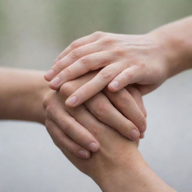 Close-up image of two hands gently clasping each other, highlighting the intricacy of the human grip against a softly blurred background.