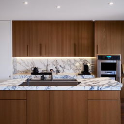 A sleek, modern kitchen interior with an emphasis on stylish kabord cabinetry, featuring stainless steel appliances, marble countertops, and ambient lighting.