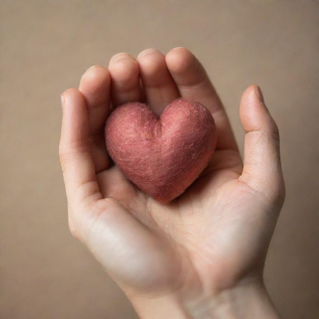 A delicately crafted heart resting in the open palm of a hand, with a warm, soft light falling on it emphasizing its details against a sober background.