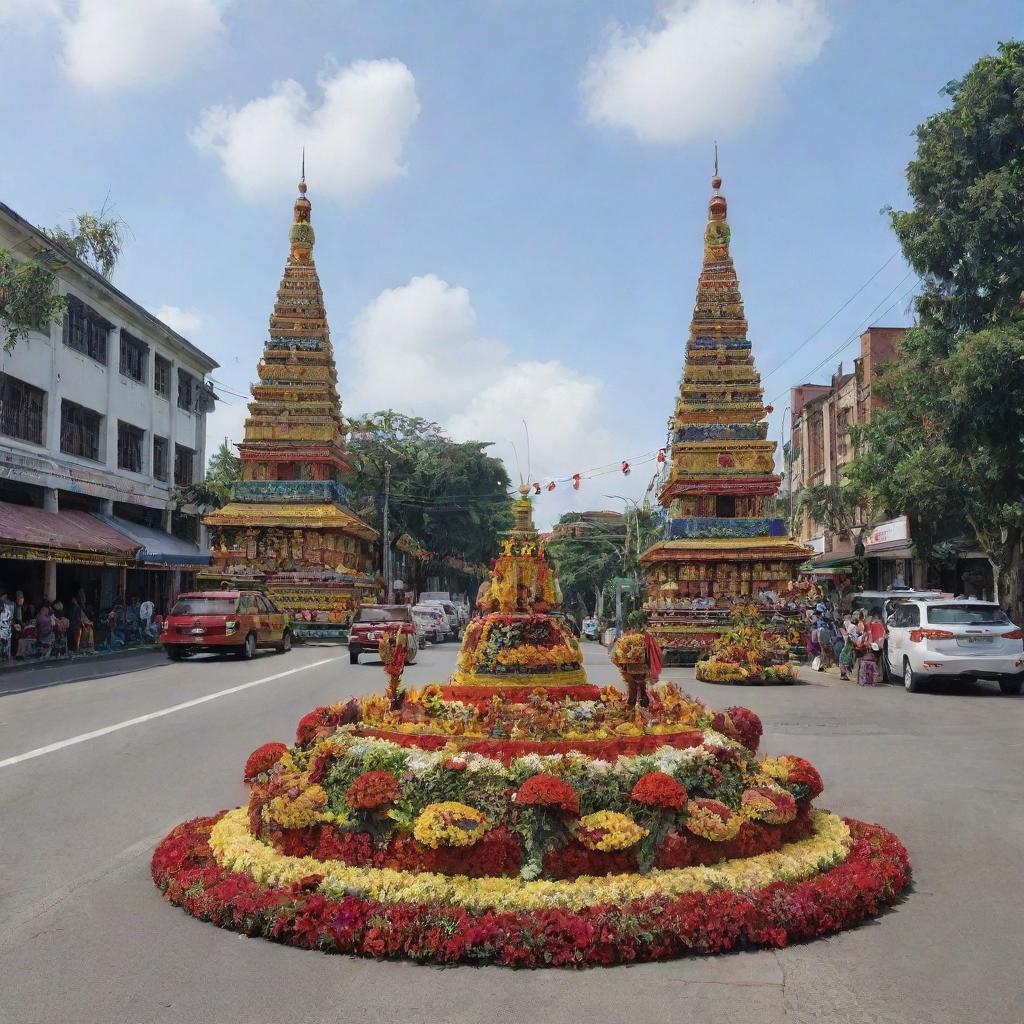 A festive display celebrating the 346th anniversary of Brebes, a city in Indonesia, featuring traditional architecture, colorful decorations, and local landmarks.