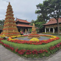 A festive display celebrating the 346th anniversary of Brebes, a city in Indonesia, featuring traditional architecture, colorful decorations, and local landmarks.