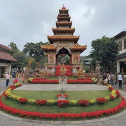 A festive display celebrating the 346th anniversary of Brebes, a city in Indonesia, featuring traditional architecture, colorful decorations, and local landmarks.