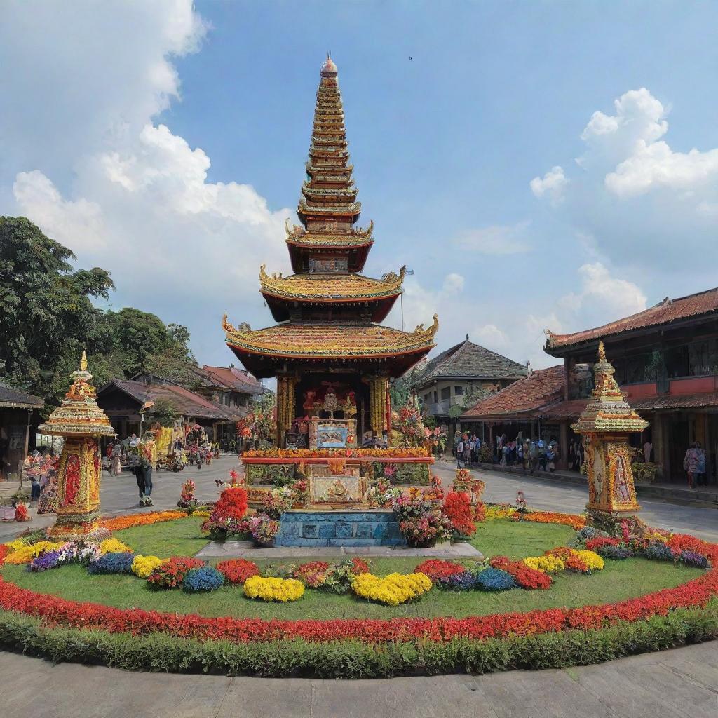 A festive display celebrating the 346th anniversary of Brebes, a city in Indonesia, featuring traditional architecture, colorful decorations, and local landmarks.