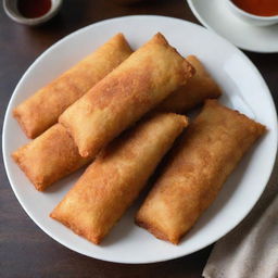 Golden-brown, crispy risoles, an Indonesian snack, perfectly deep-fried and served on a white plate