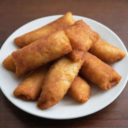 Golden-brown, crispy risoles, an Indonesian snack, perfectly deep-fried and served on a white plate