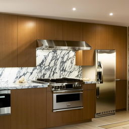 A sleek, modern kitchen interior with an emphasis on stylish kabord cabinetry, featuring stainless steel appliances, marble countertops, and ambient lighting.