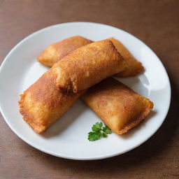 Golden-brown, crispy risoles, an Indonesian snack, perfectly deep-fried and served on a white plate