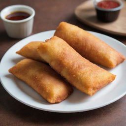 Golden-brown, crispy risoles, an Indonesian snack, perfectly deep-fried and served on a white plate