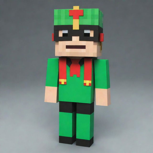 A 3D Minecraft character skin, adorned with goggles on the head and a royal crown. Outfitted in a vibrant green dress with a contrasting red tie and sleek black pants.