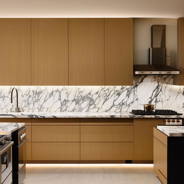 A sleek, modern kitchen interior with an emphasis on stylish kabord cabinetry, featuring stainless steel appliances, marble countertops, and ambient lighting.