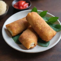 Indonesian risoles, encased in a thin, bread crumb covered pastry shell, deep-fried to golden perfection and served on a plate