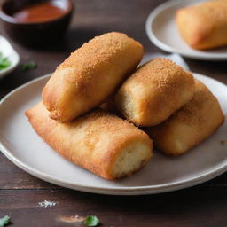 Indonesian risoles, encased in a thin, bread crumb covered pastry shell, deep-fried to golden perfection and served on a plate