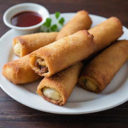 Indonesian risoles, encased in a thin, bread crumb covered pastry shell, deep-fried to golden perfection and served on a plate