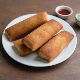 Indonesian risoles, encased in a thin, bread crumb covered pastry shell, deep-fried to golden perfection and served on a plate