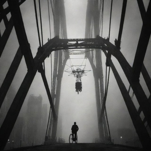 A person trapped inside a wheeled steel construct under towering giants, with haunting dark shadows competing for fresh air in a bustling suspended city. Dreams uncertain of where they belong.