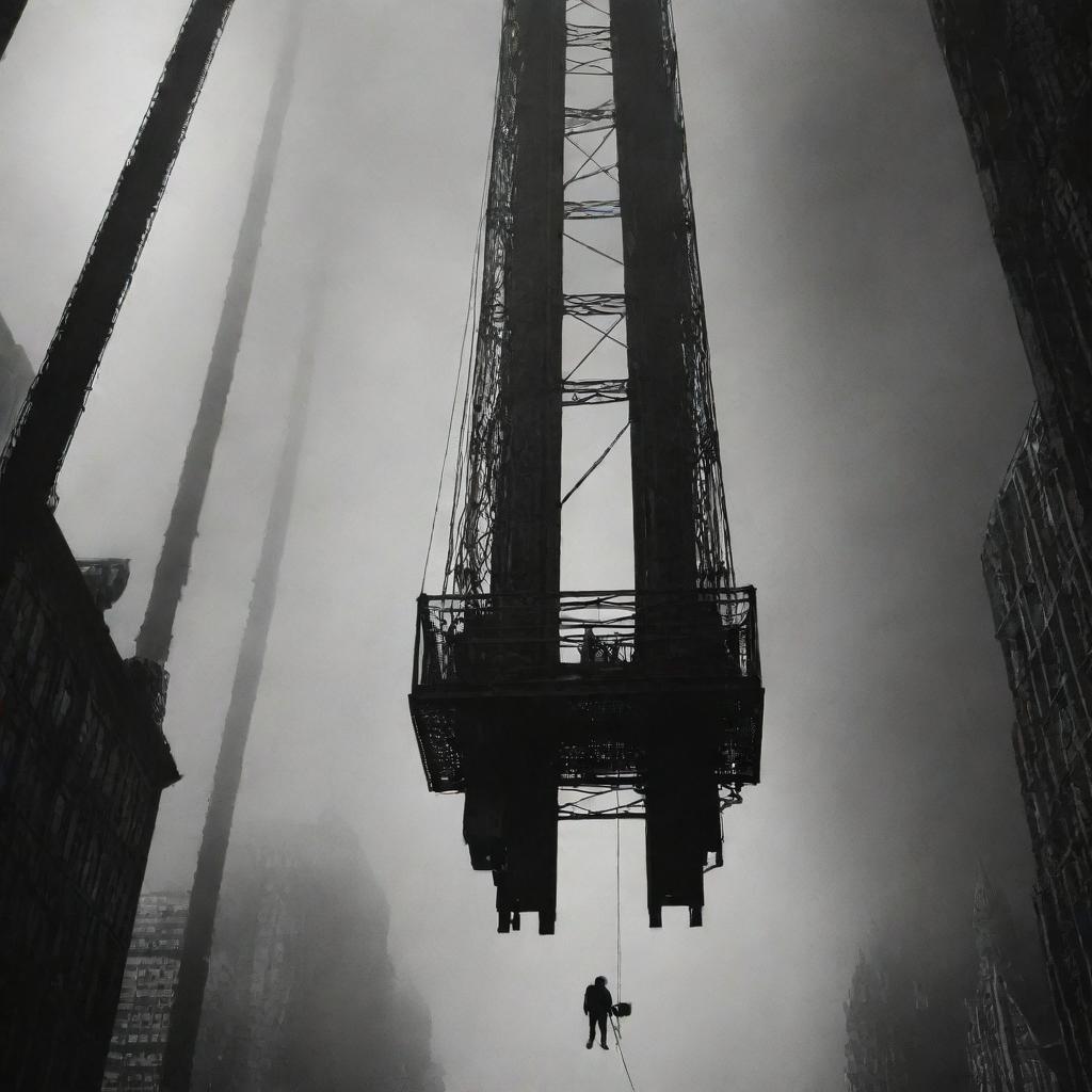 A person trapped inside a wheeled steel construct under towering giants, with haunting dark shadows competing for fresh air in a bustling suspended city. Dreams uncertain of where they belong.