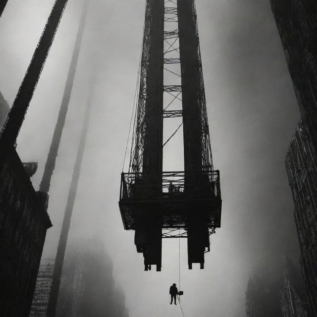 A person trapped inside a wheeled steel construct under towering giants, with haunting dark shadows competing for fresh air in a bustling suspended city. Dreams uncertain of where they belong.