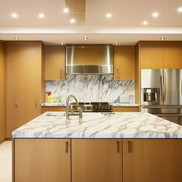 A sleek, modern kitchen interior with an emphasis on stylish kabord cabinetry, featuring stainless steel appliances, marble countertops, and ambient lighting.